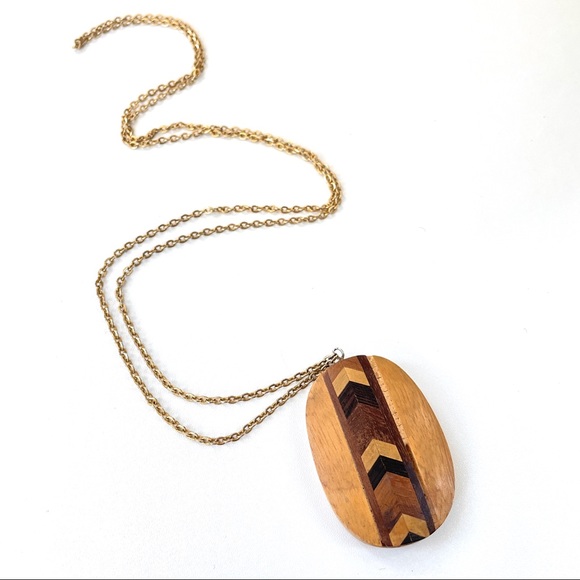 Vintage Handmade Wood Inlay Pendant Necklace - Picture 4 of 9